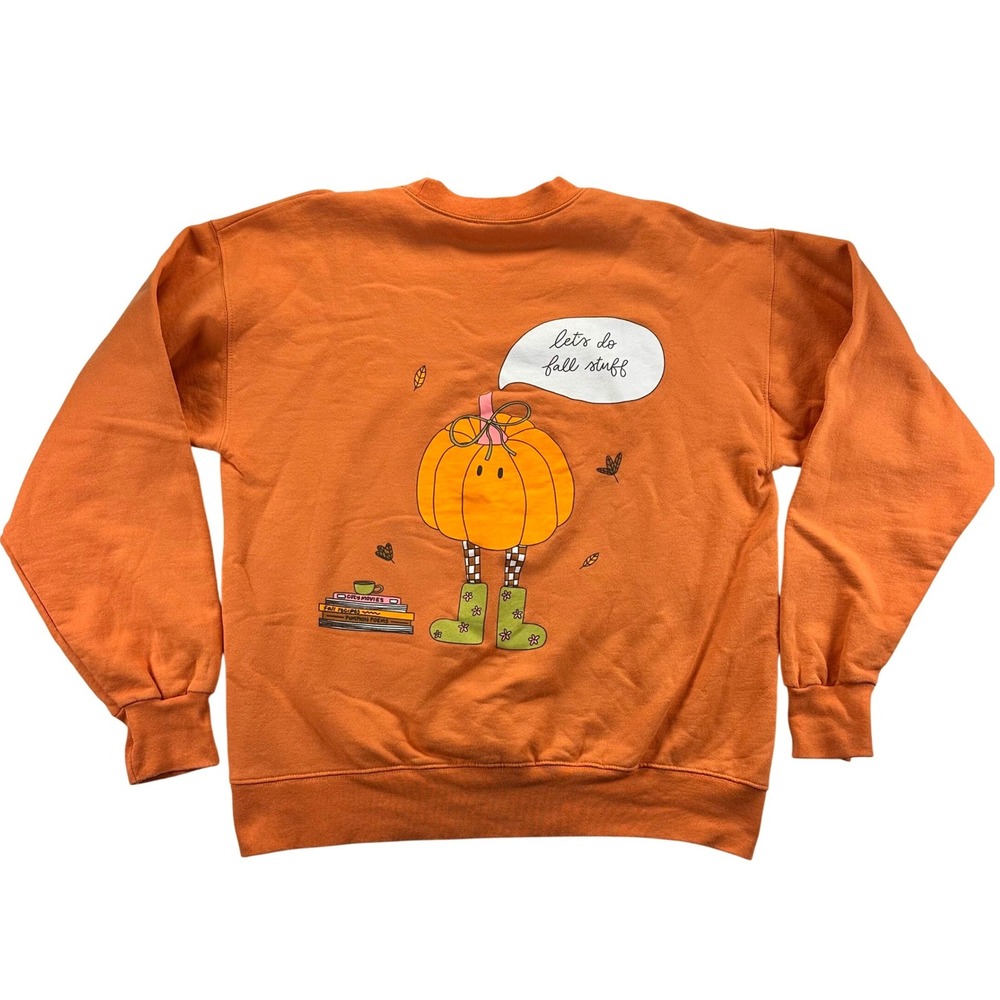 Orange Fall Pumpkin Books Graphic Crewneck Sweatshirt Womens Medium Pullover